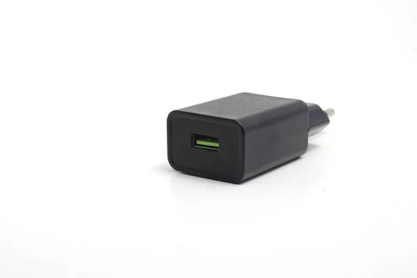 Zwarte Mobiele Telefoon Oplader Adapter Met Een Groene Micro Usb — Stockfoto