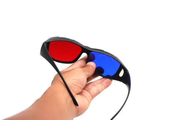 Okulary Rękę Izolowane Białym Tle Czerwone Cyjanowe Okulary Kina Okulary — Zdjęcie stockowe