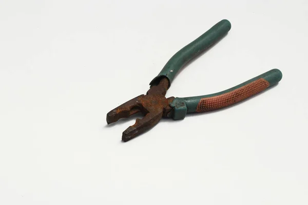 Old Used Rusty Pliers Green Grip Isolated White Background — Stock Photo, Image