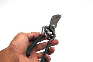 Büzme makası (budama makası, bahçe kesicileri) beyaz arkaplanda izole edilmiş yeşil kabzayla