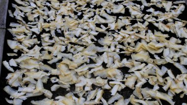 Cassava dilimleri güneşte kurutuluyor. Lantak, haşlanmış Cassava 'dan yapılan geleneksel Endonezya çiplerinden biri. Küçük parçalara ayrılıp güneşte kurutuluyor ve sonra kızartılıyor..