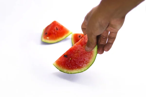 Close View Asian Man Hand Picking Fresh Ripe Watermelon Slice — Stock Photo, Image