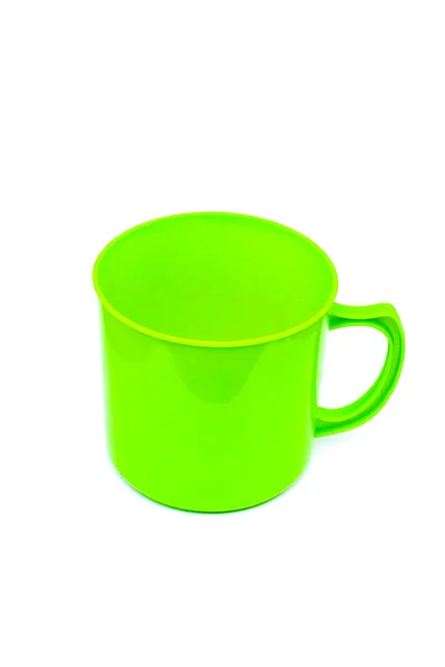 Caneca Plástico Verde Isolado Fundo Branco — Fotografia de Stock