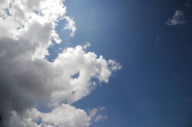 Cumulus bulutları açık mavi gökyüzü arkaplanına sahiptir. Bulutların tipleri resim depoluyor.