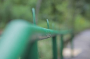 Yağmurdan sonra arka planda kalan yağmur damlaları yeşil demir çitlere düşüyor. Yağmur mevsiminde yeşil paslanmaz çeliğin üzerine su damlası, bulanık arka plan. Yumuşak odaklanma. Tazelik kavramı. Yağmurlu gün.