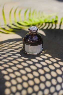 50 ml 'den fazla parfüm şişesinin üzerinde beyaz etiketli ve yeşil yapraklı güzel gölgeler var. Parfüm şişesi fotoğrafı.