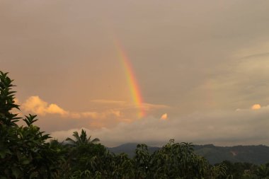 Dağdaki yağmurdan sonra bulutlu bir gökyüzünde güzel gökkuşağı manzarası
