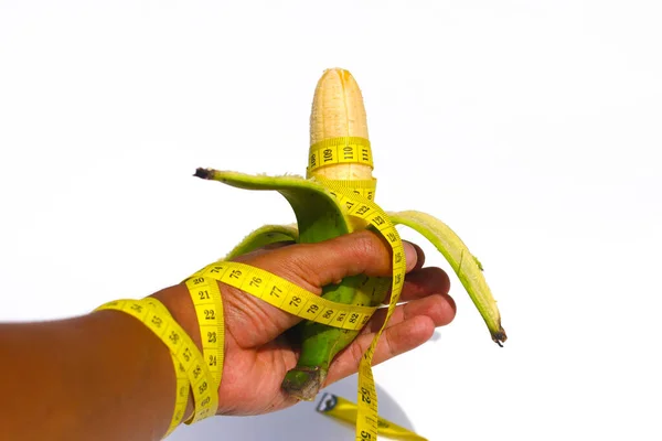 Close View Open Green Banana Hand Wrapped Measuring Tape Isolated — Fotografia de Stock