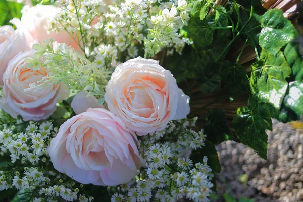 Vista Perto Decoração Floral Casamento Conceito Casamento Festa Rústica Jardim — Fotografia de Stock