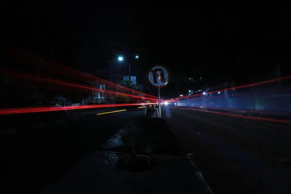 Νυχτερινό Τοπίο Στην Πόλη Sukabumi Light Trails Φωτογραφία Και Turn — Φωτογραφία Αρχείου