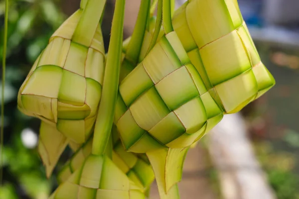 Close-up view of Ketupat or Kupat with blurred background. Ketupat is an iconic rice cake that usually served during Hari Raya or eid mubarak. Ketupat pouch is made of woven young coconut leaves