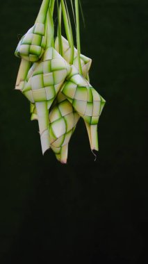 Bir grup boş ketupat derisi ya da ketupat kesesi. Telif alanı ve yeşil arkaplan. Ketupat genellikle Hari Raya ya da bayram zamanında servis edilir. Ketupat kesesi örülmüş genç hindistan cevizi yapraklarından yapılır.