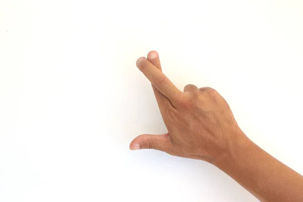 Asiatische Männerhand Zeigt Eine Fingerkreuzgeste Mit Kopierraum Auf Weißem Hintergrund — Stockfoto