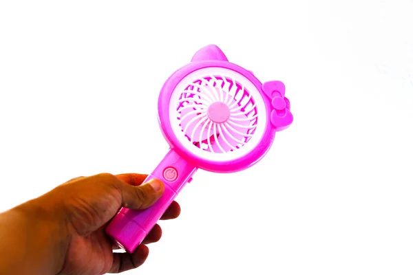 Asian Man Hand Holding Pink Handy Mini Fan Isolated White — Stock Photo, Image