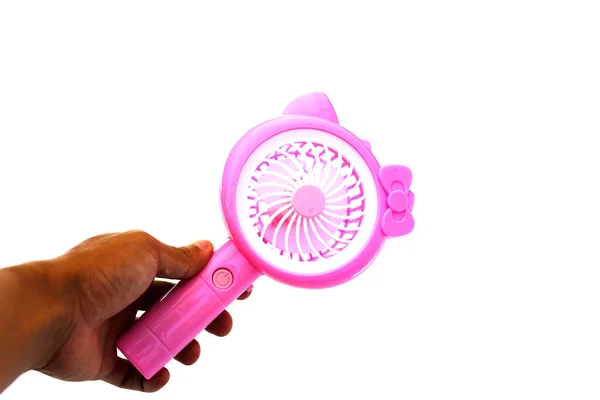 Ásia Homem Mão Segurando Rosa Útil Mini Ventilador Isolado Branco — Fotografia de Stock