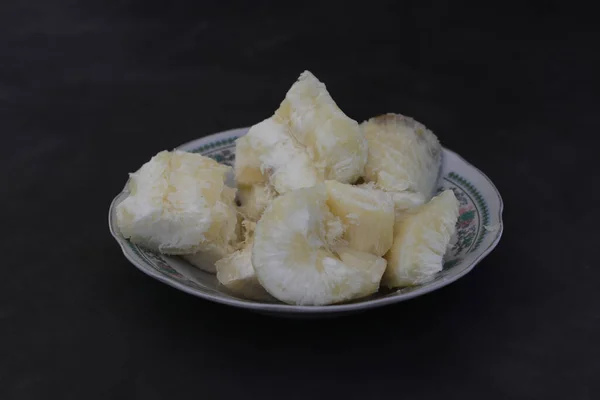 Close View Boiled Cassava Manihot Esculenta White Plate Floral Pattern —  Fotos de Stock