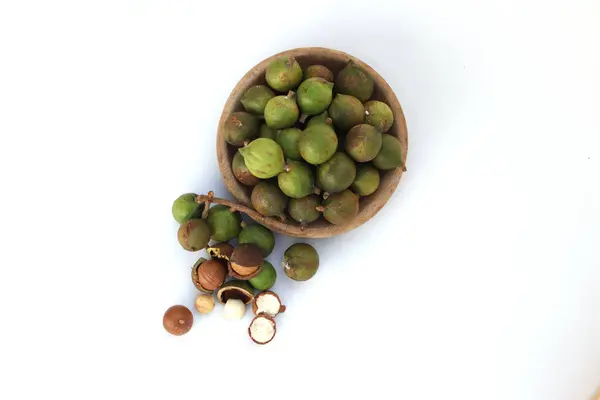 Top View Macadamia Nuts Copy Space Wooden Bowl Isolated White — Stok Foto