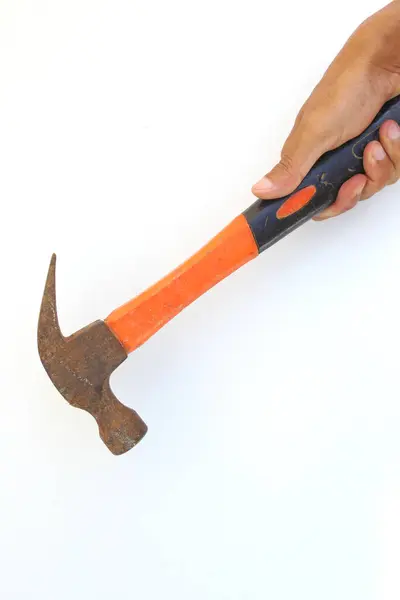 Hand Holding Hammer Black Orange Grip Isolated White Background — Stockfoto