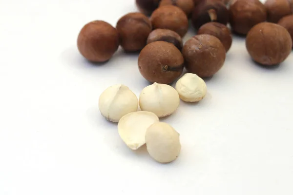 Nahaufnahme Von Macadamia Nüssen Mit Kopierraum Auf Weißem Hintergrund Macadamia — Stockfoto