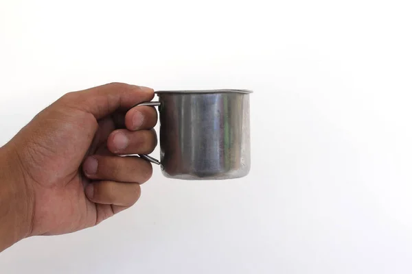 Hand Holding Small Stainless Steel Cup Isolated White Background —  Fotos de Stock