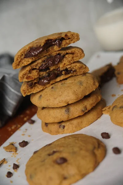 Coffee Chocolate Chip Cookies Coffee Chocolate Chip Cookies Studded Puddles — Stock Photo, Image
