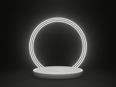 3D, beyaz neon çerçeveli kaya podyumu. Siyah arkaplanda taş modeli.