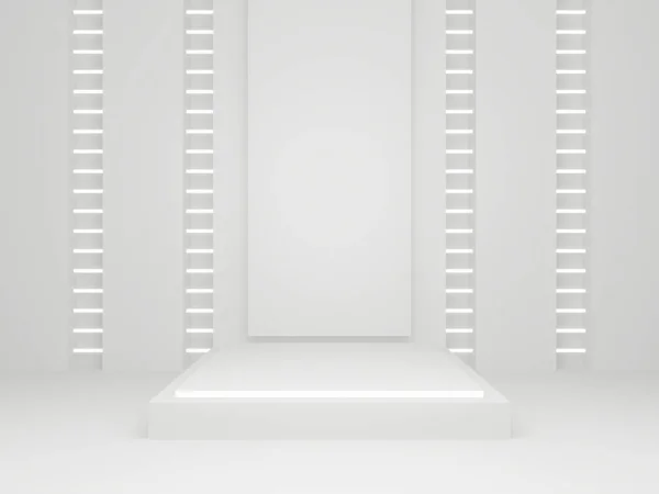 Τρισδιάστατη Βάση Επιστημονικών Προϊόντων Λευκή Σκηνή Φώτα Νέον — Φωτογραφία Αρχείου