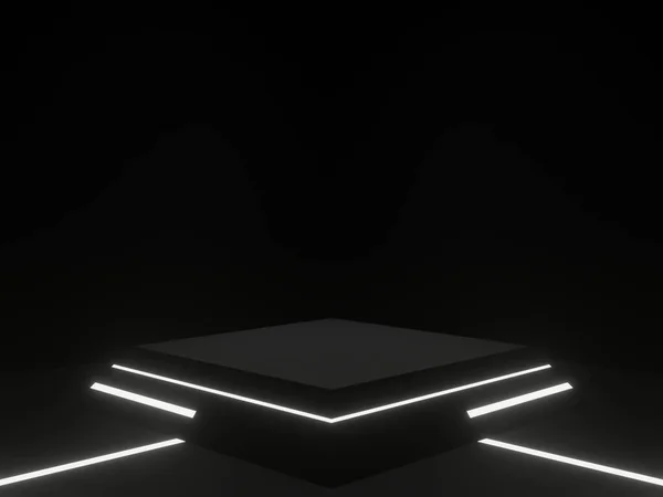 3D黑色几何舞台平台 白色霓虹灯 黑暗背景 — 图库照片