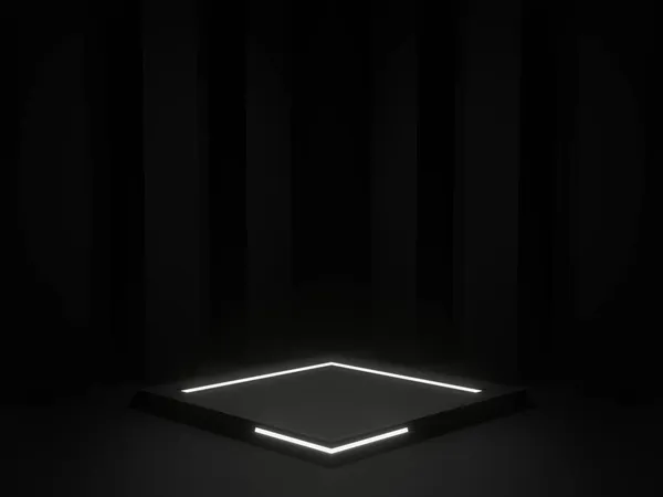 Black Geometric Stage Podium White Neon Light Dark Background — Stock Photo, Image