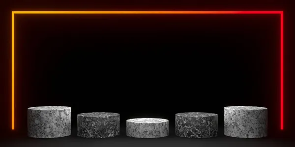 Gradyan neon çerçeveli 3D granit podyum. Siyah arkaplanda taş modeli.