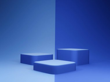 3D, mavi geometrik sahne podyumu oluşturdu. Ayağa kalk..