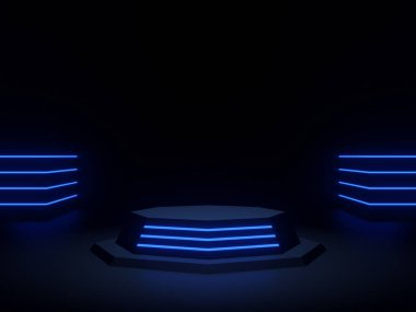 3D, mavi neon ışıklı siyah bilimsel podyum
