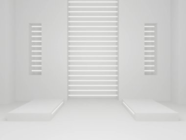 3 boyutlu bilimsel ürün standı. Beyaz sahne.