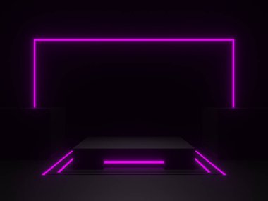 3D, mor neon ışıklı siyah bilimsel podyum