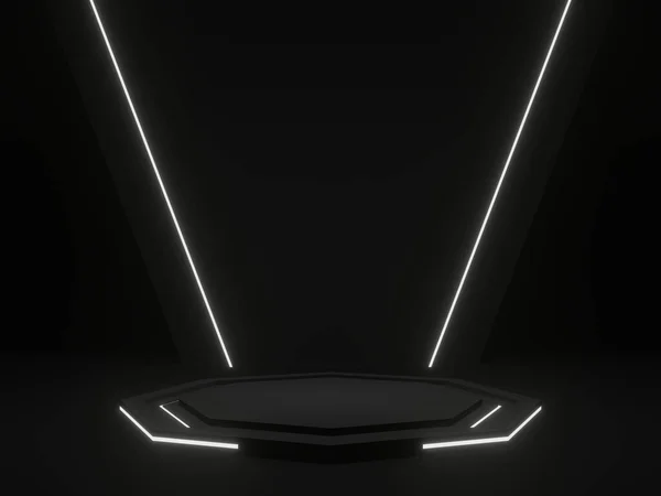 Schwarzes Geometrisches Bühnenpodest Mit Weißem Neonlicht Dunkler Hintergrund — Stockfoto