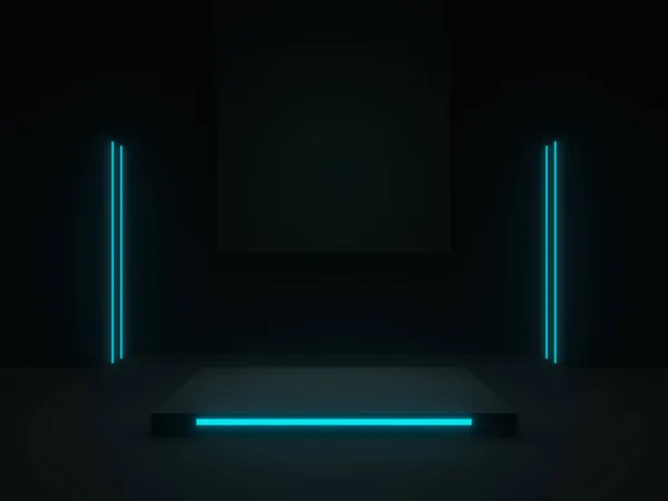 Mavi Neon Işıklı Siyah Bilimsel Podyum — Stok fotoğraf