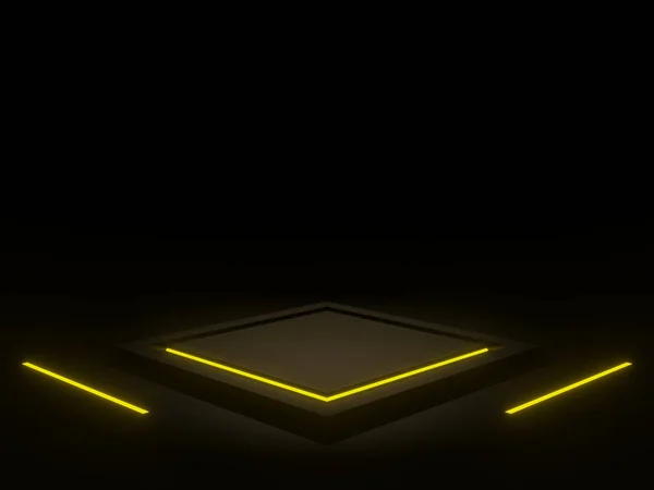 3 boyutlu siyah ürün standı ve sarı neon ışıkları..