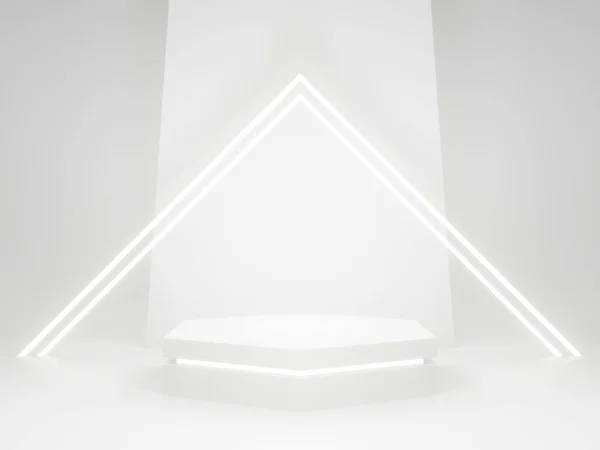 White Geometric Product Stand Neon Lights Rendering — Stock Photo, Image