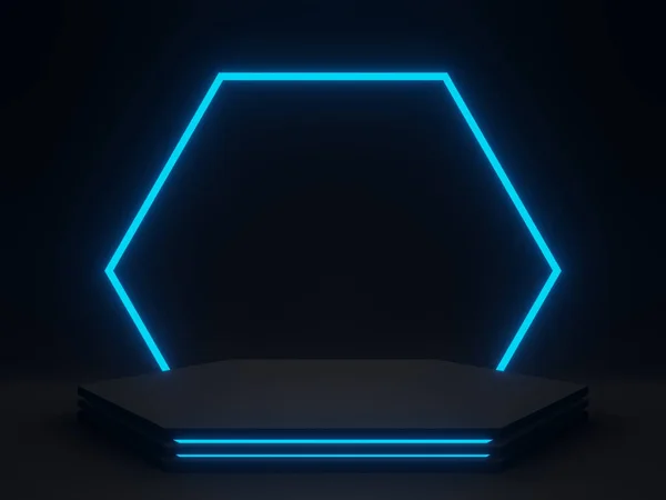 Pódio Científico Preto Renderizado Com Luzes Néon Azul — Fotografia de Stock
