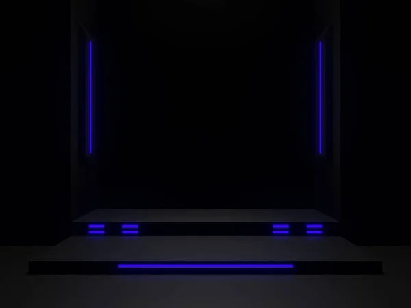 Vykreslené Černé Vědecké Pódium Modrými Neonovými Světly — Stock fotografie