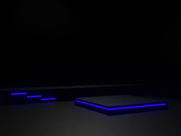 Renderizado Podio Científico Negro Con Luces Neón Azul —  Fotos de Stock