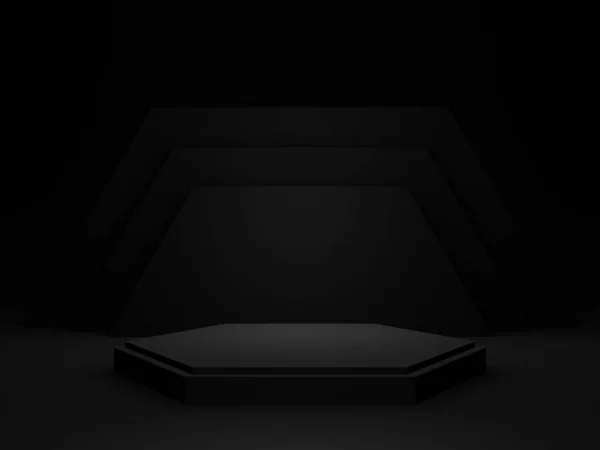 Renderizado Pódio Produto Geométrico Preto Fundo Hexágono Escuro — Fotografia de Stock