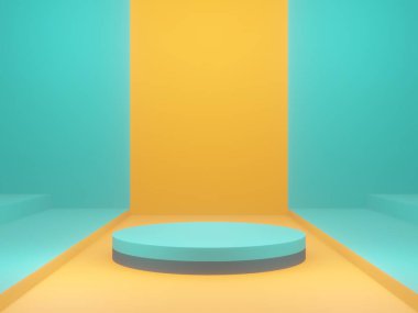 3 boyutlu yeşil ve sarı ürün standı. Podyum modeli.