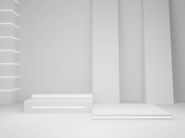 3 boyutlu bilimsel ürün standı. Beyaz sahne.