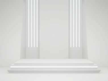 3 boyutlu bilimsel ürün standı. Beyaz sahne.