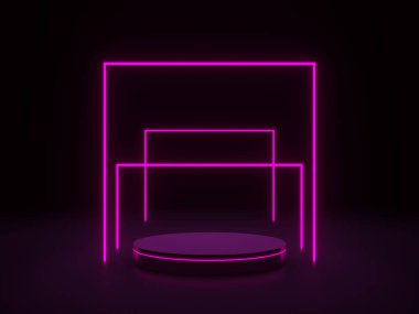 3D görüntüleme. Pembe neon ışıklı siyah podyum..