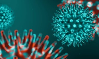 3 boyutlu görüntüleme. Mikroskobik Covid-19 salgını. Virüs mutasyonu.