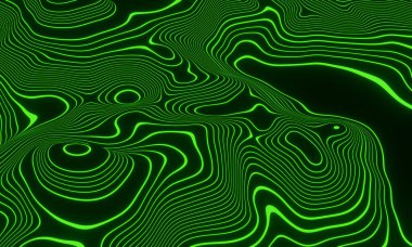 Soyut yeşil topografik hatlar. 3B illüstrasyon.