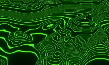 Soyut yeşil topografik hatlar. 3B illüstrasyon.