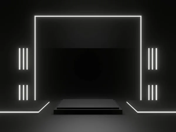 3D, siyah geometrik podyumu beyaz neon ışıklarla donattı. Karanlık bilimsel sahne. Geleceksel arkaplan.